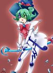  1girl blue_hat blush broom duel_monster gloves green_eyes green_hair heart heart-shaped_pupils heavy_breathing holding_broom masturbation motion_lines navel pussy_juice red_background red_ribbon ribbon smile solo white_clothes white_gloves windwitch_glass_bell wings witch witch_hat yu-gi-oh! yuu-gi-ou_duel_monsters 