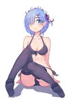  absurdres black_bra black_legwear black_panties blue_eyes blue_hair bra breasts hair_ornament hair_over_one_eye hair_ribbon headdress highres looking_at_viewer medium_breasts no_shoes panties re:zero_kara_hajimeru_isekai_seikatsu rem_(re:zero) ribbon short_hair simple_background sitting solo thighhighs underwear weill white_background x_hair_ornament 