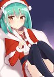  alternate_costume aqua_hair black_legwear brown_eyes capelet commentary_request fate/grand_order fate_(series) feet_out_of_frame hair_between_eyes hat horn kanase_(mcbrwn18) kiyohime_(fate/grand_order) long_sleeves looking_at_viewer santa_costume santa_hat sitting solo 