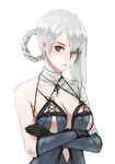  bandaged_arm bandages black_gloves breasts brown_eyes cleavage closed_mouth crossed_arms gloves hair_over_one_eye hair_rings kaine_(nier) looking_at_viewer medium_breasts nier nier_(series) quentin_lecuiller short_hair_with_long_locks silver_hair simple_background solo strap_gap upper_body white_background 