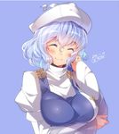  ^_^ blue_background blue_hair blue_vest blush breasts brooch closed_eyes dated epaulettes eyebrows eyebrows_visible_through_hair facing_viewer hair_between_eyes hat jewelry juliet_sleeves kokka_han large_breasts letty_whiterock long_sleeves playing_with_own_hair puffy_sleeves short_hair smile solo touhou turtleneck upper_body vest white_hat 