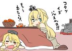  =_= absurdres blonde_hair blush blush_stickers braid commentary crown dress fang food fruit furrowed_eyebrows headgear highres iowa_(kantai_collection) jitome kantai_collection kotatsu long_hair looking_at_viewer lying mandarin_orange mini_crown multiple_girls off-shoulder_dress off_shoulder on_stomach open_mouth table tama_(seiga46239239) translated under_kotatsu under_table warspite_(kantai_collection) 