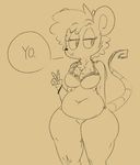  2016 anthro belly big_breasts bottomless bra bracelet breasts chest_tuft clothed clothing female freckles hair half-closed_eyes hi_res jewelry mammal mous_(tacdoodles) mouse navel peace_sign_(disambiguation) rodent simple_background slightly_chubby solo speech_bubble tacdoodles text thick_thighs tuft underwear voluptuous wide_hips 