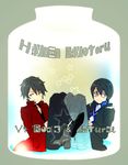  :p alternate_costume alternate_hairstyle bangs black_hair blue_eyes blush character_name closed_mouth coat glasses hands_together headphones headphones_around_neck hiyama_kiyoteru hiyama_kiyoteru_(vocaloid4) jar looking_to_the_side male_focus mouri multiple_boys open_clothes open_coat sitting smile star swept_bangs tongue tongue_out vocaloid 