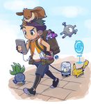  :&gt; backpack bag blush_stickers brown_eyes cellphone eevee egg fingerless_gloves food fruit gen_1_pokemon gloves great_ball green_hair highres holding holding_cellphone holding_phone las_(las72) magnemite male_focus male_protagonist_(pokemon_go) oddish phone pikachu poke_ball poke_ball_(generic) pokemon pokemon_(creature) pokemon_go pokestop shorts sleeves_pushed_up smartphone tan ultra_ball visor_cap walking 