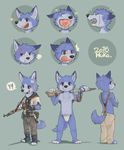 2016 5_fingers angry brown_eyes canine clothed clothing crossed_arms crying cub facial_expressions fundoshi fur gun huka japanese_clothing looking_at_viewer looking_back male mammal navel neckerchief open_mouth pants purple_fur ranged_weapon rifle shirt shocked solo standing suspenders tears topless underwear weapon wolf young 