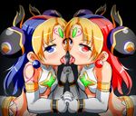  2girls arched_back bare_shoulders blonde_hair character_request earring elbow_gloves gloves hand_holding heterochromia long_hair looking_at_viewer multicolored_hair multiple_girls mumumu_(nijie51951) saliva shinrabanshou shiny shiny_hair shiny_skin simple_background tongue tongue_out white_gloves 