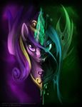  2016 changeling crown equine female friendship_is_magic green_eyes horn jewelry looking_at_viewer mammal my_little_pony necklace princess_cadance_(mlp) purple_eyes queen_chrysalis_(mlp) slifertheskydragon slit_pupils solo split_personality winged_unicorn wings 
