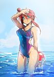  1girl female fuuro_(pokemon) gym_leader long_hair looking_at_viewer mintes nintendo one-piece_swimsuit pokemon pokemon_bw ponytail sky solo swimsuit water 