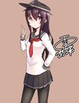  akatsuki_(kantai_collection) artist_name bangs black_legwear brown_background commentary eyebrows eyebrows_visible_through_hair flat_cap hair_flaps hand_on_hip hand_up hat highres kantai_collection long_hair looking_at_viewer neckerchief pantyhose pointing pointing_up purple_eyes purple_hair red_neckwear school_uniform serafuku signature simple_background solo thighs yuki_arare 