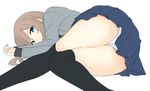  ass azuuru black_legwear blazer blue_eyes blue_skirt brown_hair jacket long_hair lying on_side original panties pantyshot pleated_skirt skirt solo thighhighs underwear 