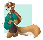  &lt;3 2016 abdominal_bulge anthro belly big_belly breasts brown_eyes brown_fur brown_hair canine clothed clothing ear_piercing eyewear female fur glasses hair hand_on_stomach jewelry long_hair mammal necklace otterqueen piercing pregnant shirt shorts side_view smile solo xanderblaze 
