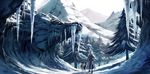  animal dog hair_over_one_eye ichina_(osabakitina) icicle landscape long_hair looking_at_viewer mountain original scenery snow standing tree 