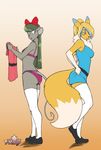  anthro big_butt blonde_hair blue_eyes blue_hair blush bra breasts butt cartoon_network clothed clothing cosplay digimon dipstick_tail dressing duo female fur furgonomics gradient_background green_hair grey_body grey_fur hair half-closed_eyes jemma_(jingx1) katie_(t-kay) legwear long_hair looking_back looking_down low-angle_view mammal miniskirt mouse multicolored_hair multicolored_tail neck_tuft panties ponytail powerpuff_girls renamon rodent side_view simple_background skirt standing stockings straight_hair t-kay tail_button_bottoms tail_clothing thigh_highs tuft underwear white_fur yellow_body yellow_fur 