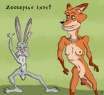  2016 animal_genitalia animal_penis anthro balls canine canine_penis disney fox fur green_background green_eyes grey_fur joker_font judy_hopps lagomorph long_ears mammal multicolored_fur muscular nick_wilde nightmare_fuel nude old orange_fur penis pussy rabbit simple_background two_tone_fur what why zootopia 