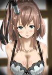  absurdres bare_shoulders blue_eyes blush breasts brown_hair cleavage collarbone commentary_request eyebrows highres kantai_collection large_breasts long_hair looking_at_viewer ponytail saratoga_(kantai_collection) shiny shiny_skin side_ponytail solo tama_(seiga46239239) underwear upper_body 