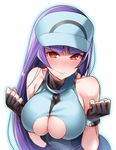  ace_trainer_(pokemon) ace_trainer_(pokemon)_(cosplay) alternate_costume bare_shoulders blush breasts cleavage cleavage_cutout clenched_hands cosplay fingerless_gloves gloves hizuki_akira large_breasts long_hair natsume_(pokemon) paizuri_invitation pokemon pokemon_(game) pokemon_sm purple_hair red_eyes solo underboob underboob_cutout visor_cap w_arms 