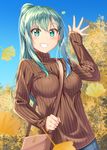  :d alternate_costume alternate_hairstyle autumn_leaves bag bangs between_breasts blue_sky blush breasts commentary day denim eyebrows eyebrows_visible_through_hair ginkgo green_eyes green_hair grin gurande_(g-size) hair_between_eyes hair_ornament hairclip hand_up highres holding_strap jeans kantai_collection large_breasts leaf long_hair open_mouth outdoors pants ponytail sky sleeves_past_wrists smile solo strap strap_cleavage suzuya_(kantai_collection) sweater turtleneck turtleneck_sweater upper_body waving 