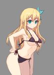  absurdres aqua_eyes bikini black_bikini blonde_hair boku_wa_tomodachi_ga_sukunai breasts bug butterfly butterfly_hair_ornament front-tie_top grey_background hair_ornament highres insect kashiwazaki_sena large_breasts leaning_forward long_hair looking_at_viewer side-tie_bikini smile solo swimsuit underboob weill 