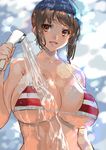  bikini breasts brown_eyes brown_hair collarbone commentary good_meat_day highres huge_breasts looking_at_viewer number_pun open_mouth original ran'ou_(tamago_no_kimi) shower_head smile solo striped striped_bikini swimsuit tied_hair wet 