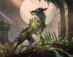  bone canine city cityscape dripping feral glowing looking_back lucas_graciano magic_the_gathering mammal official_art oil_painting ruins skeleton standing undead zombie 