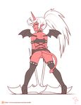  2016 anus armwear butt clothing collar colored demon english_text fangs female footwear grin hair happy high_heels holding_object holding_weapon horn humanoid joe_randel kneesocks_daemon legwear lingerie long_hair long_tail looking_at_viewer looking_back melee_weapon mostly_nude panty_and_stocking_with_garterbelt presenting presenting_hindquarters pussy red_skin red_tail seductive shoes signature simple_background solo spiked_collar spikes spread_legs spreading standing text upskirt weapon white_background white_hair wings 