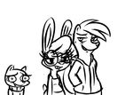  2016 anthro black_and_white buckteeth clothed clothing cute_fangs disney eyewear fan_character female glasses group hands_in_pockets hoodie hugh_muskroura inkyfrog lagomorph male mammal maxine_d&#039;lapin monochrome mustelid percy_vison polecat rabbit simple_background skunk sweat sweatdrop teeth white_background zootopia 