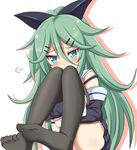  aqua_eyes bangs black_bow black_legwear black_skirt blush bow commentary_request detached_sleeves eyebrows_visible_through_hair green_hair hair_between_eyes hair_bow hair_ornament hair_ribbon hairclip high_ponytail kantai_collection leg_hug legs_up long_hair looking_at_viewer panties pantyshot pantyshot_(sitting) parted_bangs pink_panties pleated_skirt ponytail ribbon school_uniform shadow sitting skirt sleeves_past_wrists solo tamayan thighhighs underwear yamakaze_(kantai_collection) 