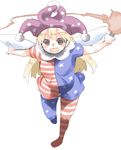  american_flag_dress american_flag_legwear blonde_hair blush breasts clownpiece commentary_request dress fairy_wings happy hat jester_cap long_hair neck_ruff open_mouth outstretched_arms pantyhose red_eyes ryu3224 short_dress short_sleeves small_breasts solo torch touhou wings 