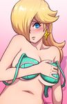  akairiot artist_name bare_shoulders blonde_hair blue_bra blue_eyes blush bra breasts covering covering_breasts earrings gradient gradient_background hair_over_one_eye hand_on_own_chest highres jewelry large_breasts lips long_hair looking_at_viewer mario_(series) navel pink_background rosetta_(mario) signature solo star star_earrings super_mario_bros. super_mario_galaxy underwear unfastened 