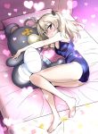  1girl bandage barefoot bed bed_sheet black_ribbon blue_swimsuit blush boko_(girls_und_panzer) breasts brown_eyes cleavage closed_mouth commentary crotch_seam eyebrows_visible_through_hair fetal_position food food_print from_above from_side girls_und_panzer hair_ribbon heart highres holding holding_stuffed_animal legs light_brown_hair lights long_hair looking_at_viewer lying macaron nakahira_guy on_bed on_side one-piece_swimsuit pillow ribbon school_swimsuit shimada_arisu side_ponytail small_breasts smile solo stuffed_animal stuffed_toy swimsuit teddy_bear thighs 