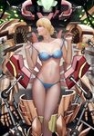  audia_pahlevi blonde_hair blue_bra blue_panties bra breasts cleavage disassembly looking_to_the_side medium_breasts metroid mole mole_under_mouth navel panties power_armor samus_aran solo stomach underwear undressing varia_suit 