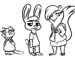  2016 anthro barefoot black_and_white buckteeth clothed clothing crossgender cute_fangs disney fan_character female hands_in_pockets hoodie hugh_muskroura inkyfrog lagomorph looking_at_viewer male mammal maxine_d&#039;lapin monochrome mustelid percy_vison polecat rabbit simple_background skunk teeth white_background zootopia 