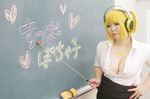  1girl blackboard blonde_hair blouse breasts cleavage cosplay curvy dress_shirt earphones formal glasses huge_breasts keito_(cosplayer) nail_polish pendant plump pointer shirt skirt super_pochaco super_pochaco_(cosplay) teacher twintails unbuttoned white_bra 