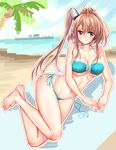  absurdres barefoot bikini blue_bikini breasts brown_hair highres kantai_collection large_breasts long_hair looking_at_viewer lying md5_mismatch ocean onceskylark saratoga_(kantai_collection) side-tie_bikini side_ponytail solo string_bikini swimsuit untied untied_bikini wardrobe_malfunction 