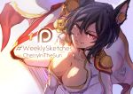  1girl animal_ears black_hair breasts cherry_in_the_sun cleavage commentary english_commentary erune granblue_fantasy hair_between_eyes ilsa_(granblue_fantasy) large_breasts long_hair looking_at_viewer red_eyes short_hair sketch solo 