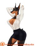  anthro big_breasts breasts canine cleavage clothed clothing doberman dog eyewear female glasses looking_at_viewer mammal nikuyoku open_shirt shirt simple_background skirt solo url white_background 