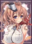  blue_eyes blush breast_pocket breasts brown_hair crossed_arms hair_between_eyes hair_ornament impossible_clothes inoue_tomii kantai_collection large_breasts long_hair looking_at_viewer lowres neckerchief pocket red_neckwear saratoga_(kantai_collection) side_ponytail smile smokestack solo upper_body 