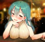  alternate_costume bare_shoulders blush breasts brown_eyes cellphone green_hair hair_ornament hairclip ichihaya kantai_collection large_breasts long_hair looking_at_viewer phone ribbed_sweater sleeveless sleeveless_turtleneck smile solo suzuya_(kantai_collection) sweater translated turtleneck 