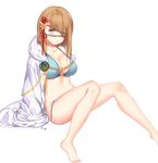  bad_id bad_pixiv_id barefoot bikini blue_bikini blue_eyes breasts brown_hair chain cleavage dhfz181 eyepatch jacket_on_shoulders large_breasts looking_at_viewer mouth_hold original short_hair side-tie_bikini simple_background sitting solo strap_gap swimsuit untied untied_bikini white_background 