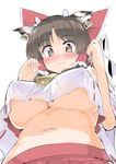  animal_ears arms_up bell belly blush bow breasts brown_eyes brown_hair covered_nipples cow_bell cow_ears cow_girl cow_horns crop_top crop_top_overhang ear_tag eyebrows eyebrows_visible_through_hair from_below good_meat_day hakurei_reimu horns large_breasts looking_at_viewer looking_down meat_day midriff navel no_bra plump puuakachan skirt solo sweat tail touhou underboob upper_body white_background 