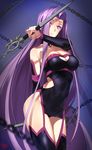  arm_behind_back bare_shoulders black_legwear breasts chain cleavage covered_navel detached_sleeves dress fate/grand_order fate/stay_night fate_(series) highres holding holding_weapon large_breasts long_hair looking_at_viewer microdress nameless_dagger purple_eyes purple_hair revealing_clothes rider solo square_pupils thighhighs very_long_hair weapon yang-do 