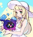  :o bangs bare_arms blonde_hair blunt_bangs blush braid collarbone collared_dress cosmog dress flying_sweatdrops fujisaki_(hjsk) gen_7_pokemon green_eyes hat lillie_(pokemon) long_hair open_mouth pokemon pokemon_(creature) pokemon_(game) pokemon_sm sleeveless sleeveless_dress sun_hat sundress twin_braids white_dress white_hat 