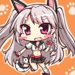  1girl animal_ears azur_lane bangs belt_buckle black_skirt blush braid buckle chibi commentary_request eyebrows_visible_through_hair fingerless_gloves geo_(yukishitadou) gloves grey_hair kneehighs long_hair looking_at_viewer navel orange_background paw_print pleated_skirt red_eyes red_footwear sailor_collar shirt short_sleeves side_braid skirt solo swept_bangs thick_eyebrows two_side_up very_long_hair white_footwear white_shirt wolf_ears yuudachi_(azur_lane) 