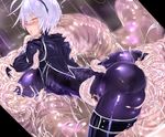  ass back blush bodysuit breasts covered_nipples glasses groping large_breasts light_blue_hair maid_headdress open_mouth original restrained shiny shiny_clothes short_hair skin_tight slime solo tentacles thighhighs tongue tongue_out uni96_(uknee96) yellow_eyes 