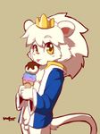  balls bottomless clothed clothing crown cub dessert digital_media_(artwork) digital_painting_(artwork) feline flaccid food ice_cream lion looking_at_viewer mammal mane open_shirt pattern_background penis side_view signature simple_background standing tongue tongue_out whiteleo young 
