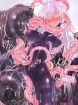  blush bodysuit breasts covered_navel covered_nipples full-face_blush glasses gloves groping large_breasts lavender_hair open_mouth original restrained shiny shiny_clothes short_hair skin_tight slime solo tentacles uni96_(uknee96) white_gloves yellow_eyes 