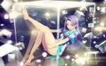  ass bare_legs barefoot cube dress highres long_hair looking_at_viewer original purple_eyes purple_hair short_dress sitting smile solo surreal yohan12 