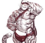  2016 anthro bag biceps feline fur male mammal muscular muscular_male null-ghost pecs simple_background smile solo teeth tiger white_background white_fur 