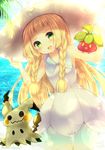  :d bangs bare_arms blonde_hair blunt_bangs blush bounsweet braid collarbone collared_dress dress eyes_visible_through_hair gen_7_pokemon green_eyes hat kabocha_usagi lillie_(pokemon) long_hair looking_at_viewer mimikyu ocean open_mouth palm_tree pokemon pokemon_(creature) pokemon_(game) pokemon_sm see-through sleeveless sleeveless_dress smile solo sun_hat sundress tree twin_braids twitter_username water white_dress white_hat 